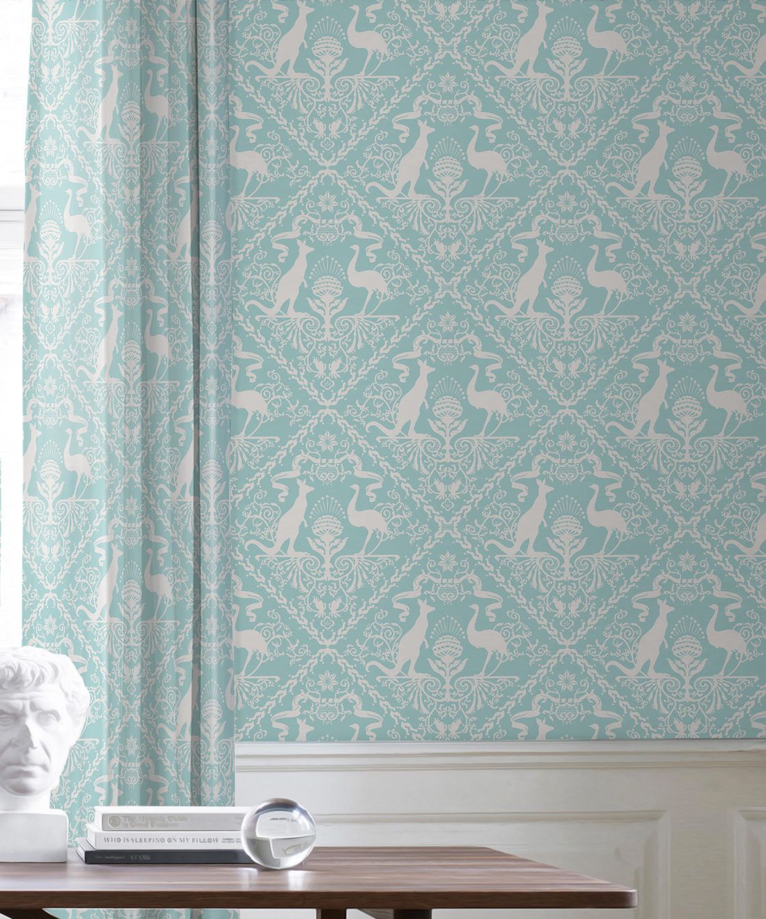 In Australia We Trust Cockatoo• Australian Wallpaper • Australian Coat of Arms • Milton & King USA • Aqua Wallpaper Insitu