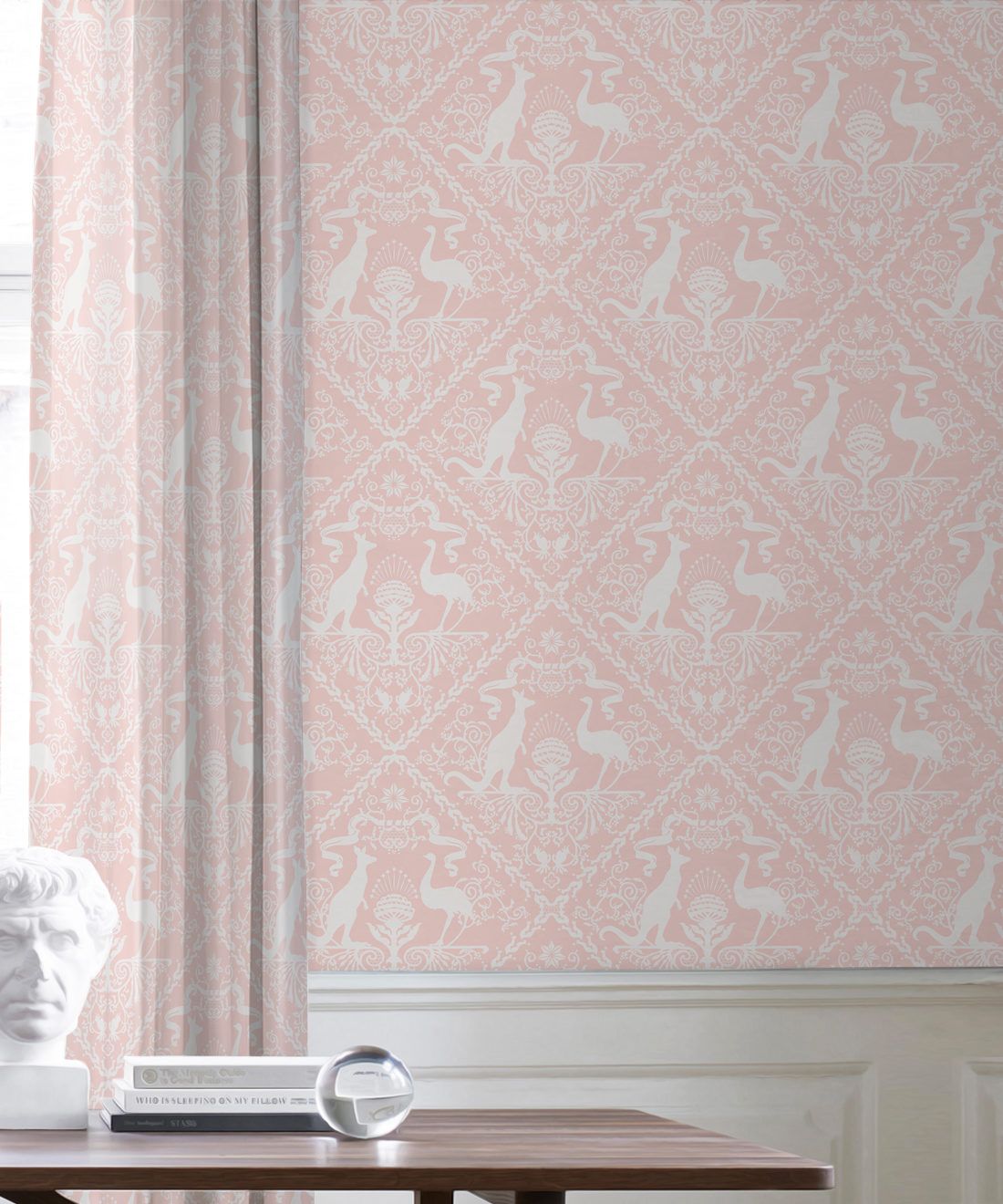 In Australia We Trust Coral • Australian Wallpaper • Australian Coat of Arms • Milton & King USA • Pink Wallpaper