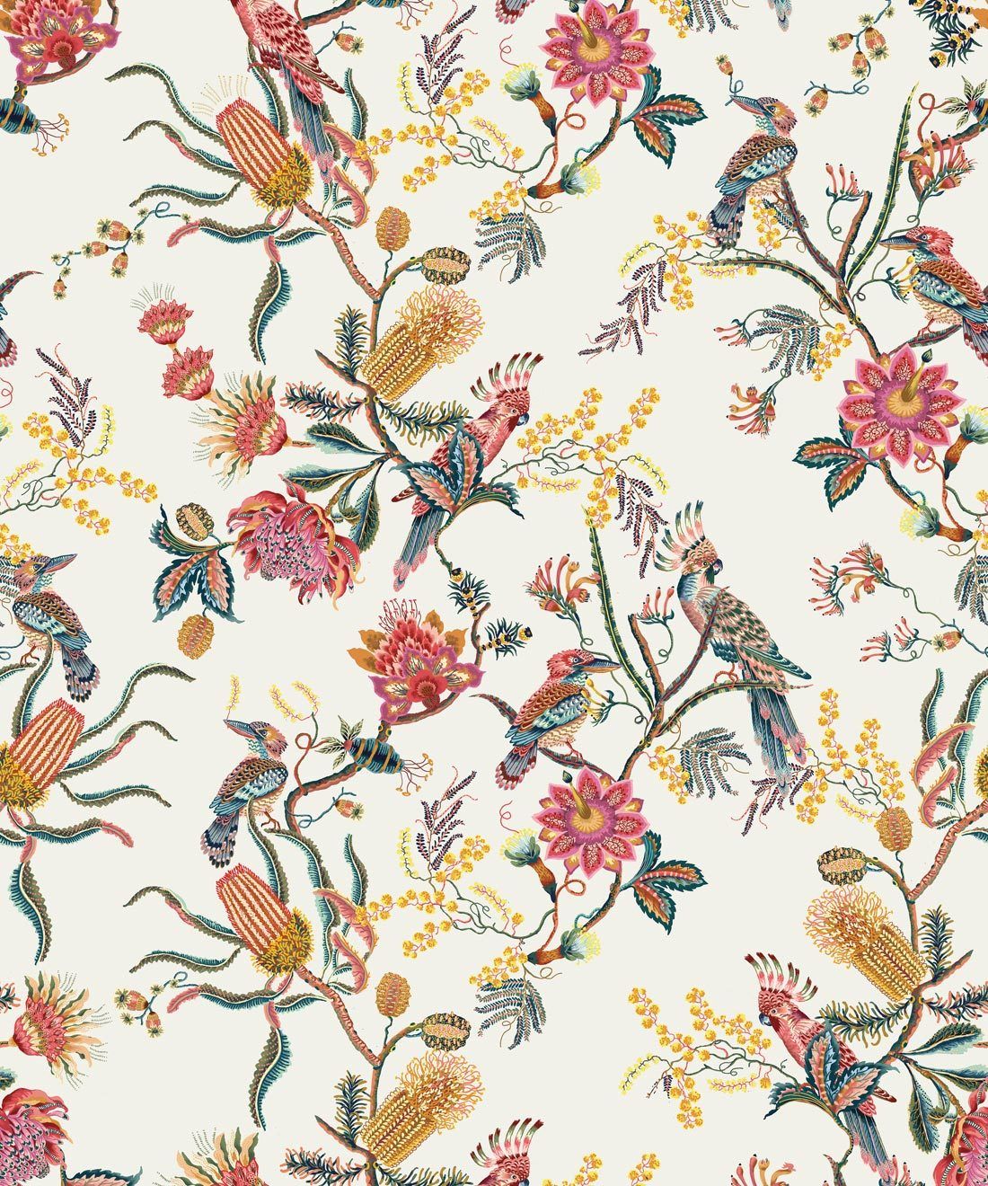 Matilda Wallpaper • Cockatoo, kookaburra • Australian Wallpaper • Milton & King USA • Oceania Swatch