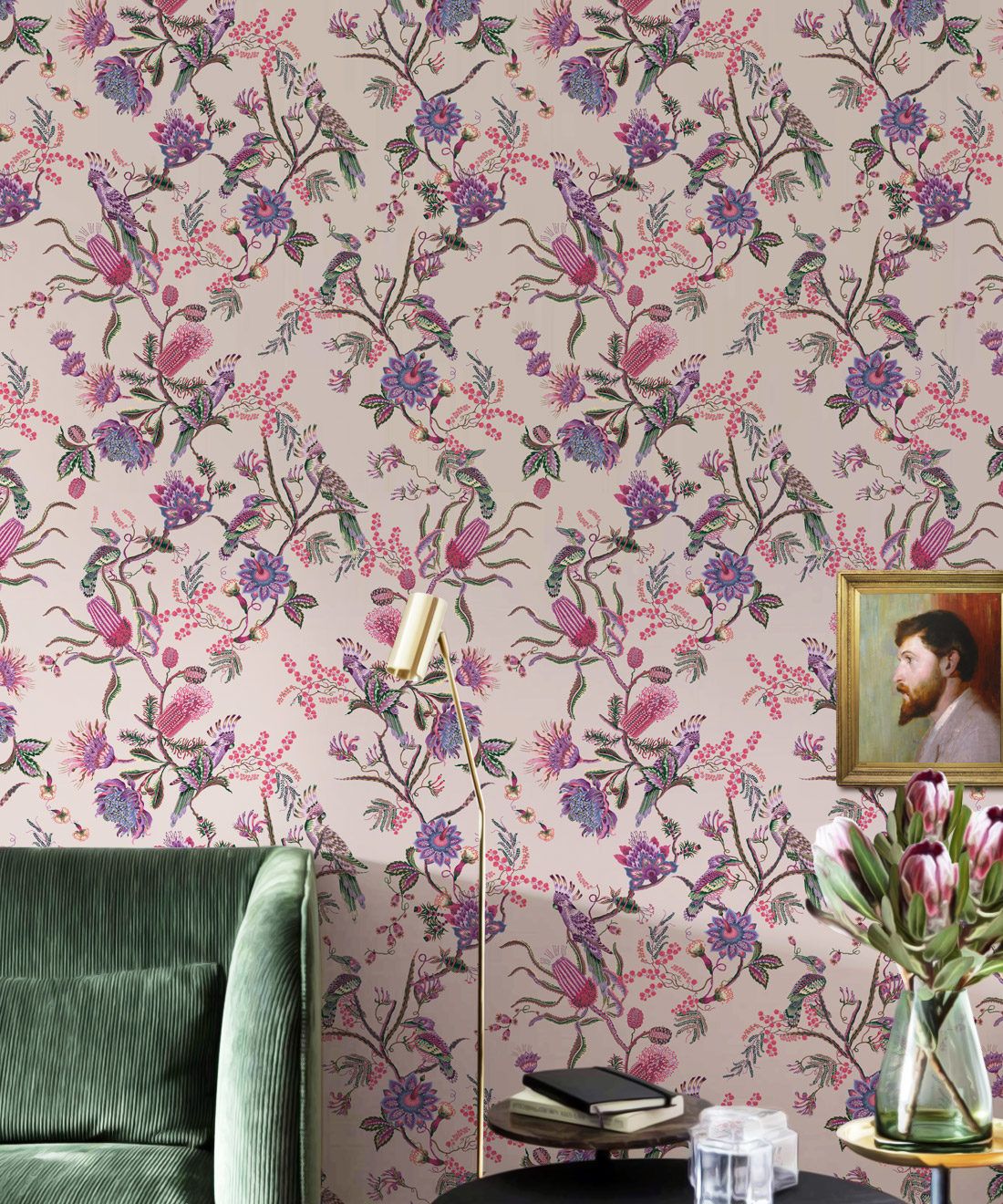 Matilda Wallpaper • Cockatoo, kookaburra • Australian Wallpaper • Milton & King USA • Pinky Insitu