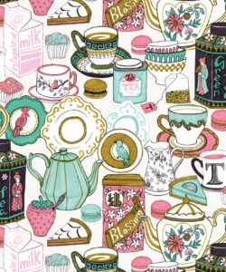 Tea Time Wallpaper • tea cups, tea pots, macaroons • milk and cream swatch