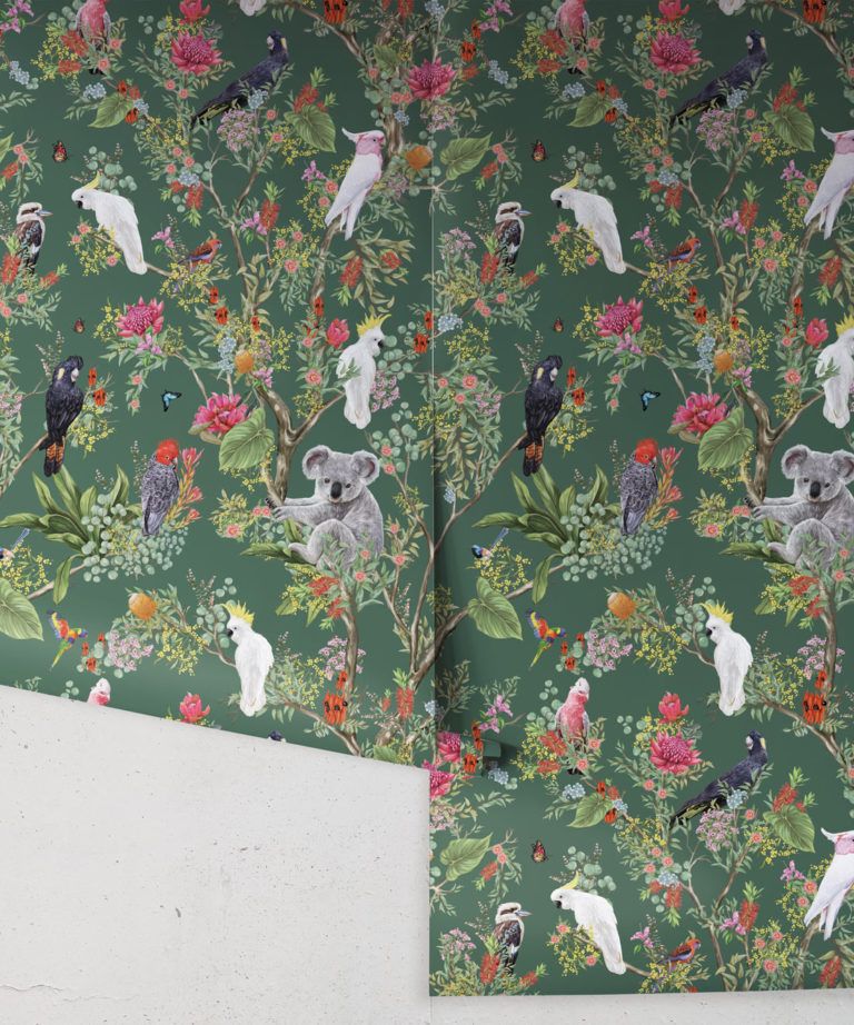 Australia Wallpaper • Cockatoos, Koalas, Parrots, Finches • Milton & King USA • Green Wallpaper Roll