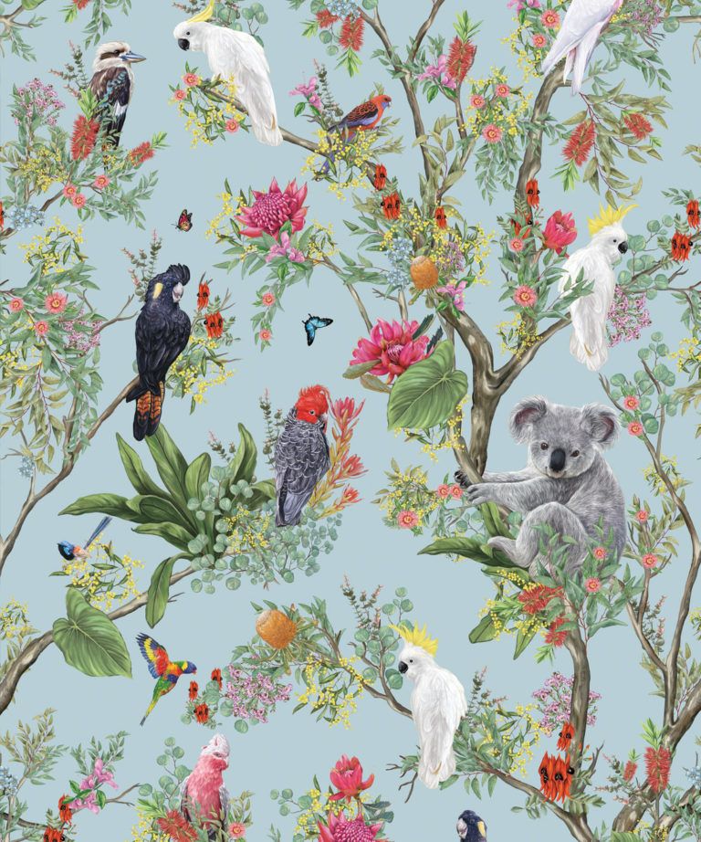 Australia Wallpaper • Cockatoos, Koalas, Parrots, Finches • Milton & King UK • Aqua Wallpaper Swatch