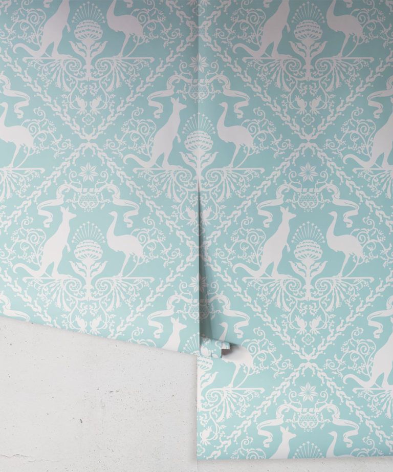 In Australia We Trust Cockatoo• Australian Wallpaper • Australian Coat of Arms • Milton & King USA • Aqua Wallpaper Rolls