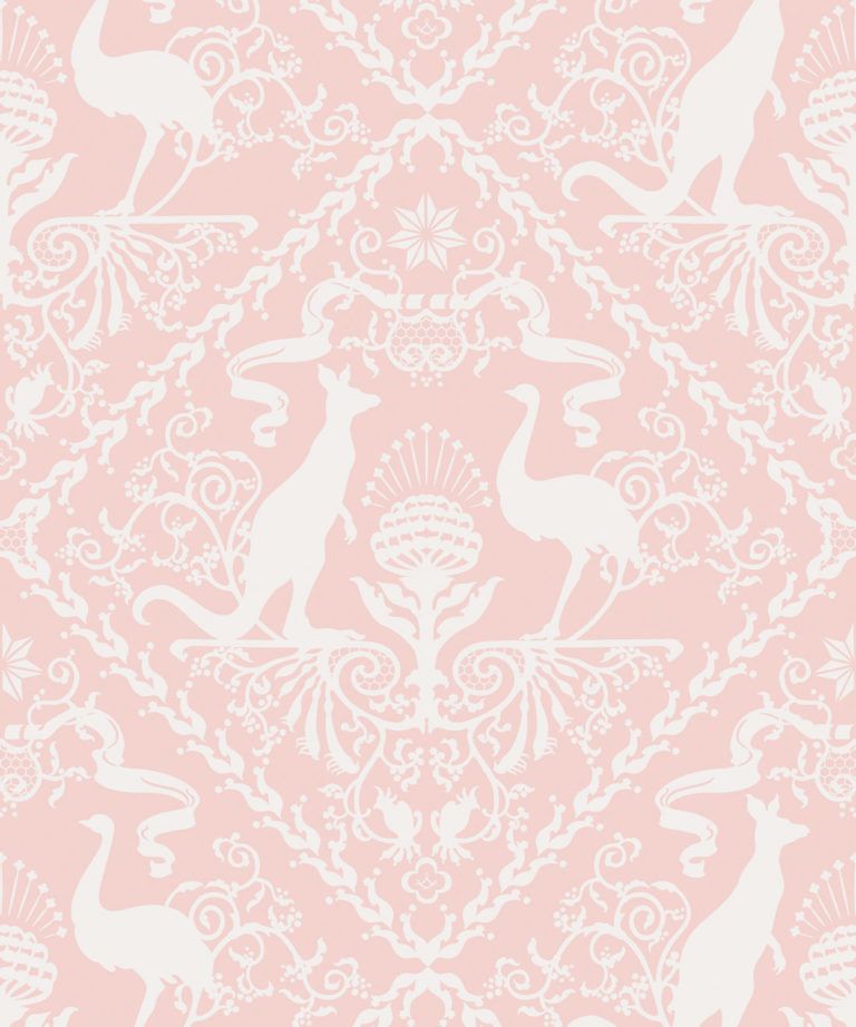 In Australia We Trust Coral • Australian Wallpaper • Australian Coat of Arms • Milton & King UK • Pink Wallpaper Swatch