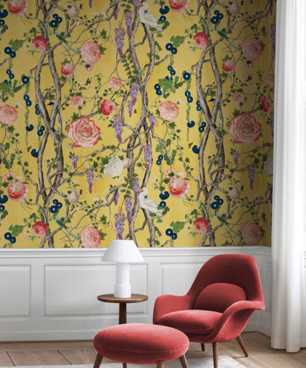 Empress Wallpaper • Romantic Wallpaper • Floral Wallpaper • Chinoiserie Wallpaper • Honey Yellow colour wallpaper insitu