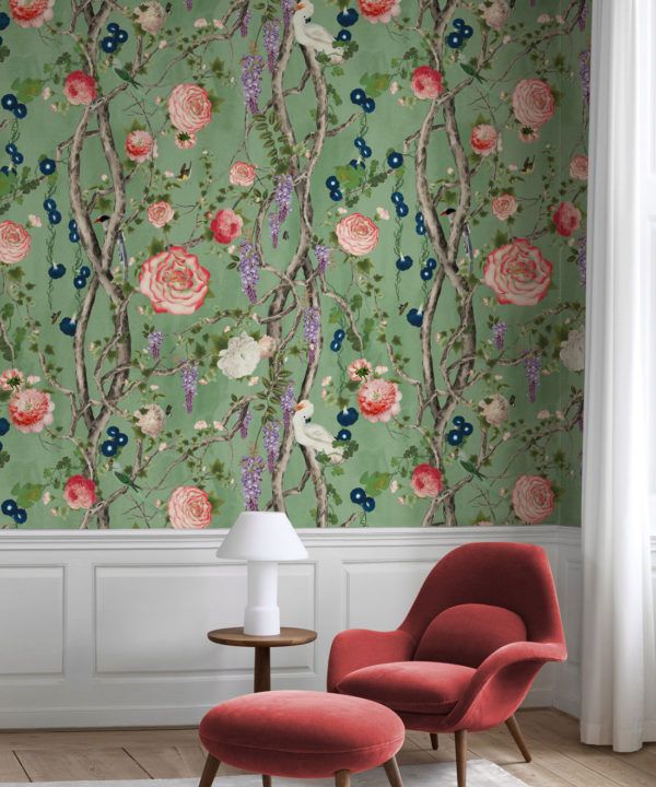 Empress Wallpaper • Romantic Wallpaper • Floral Wallpaper • Chinoiserie Wallpaper • Tea Garden Green colour wallpaper insitu