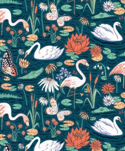 Pond Pattern Wallpaper featuring alligators, swans, flamingos and lily pads swatch