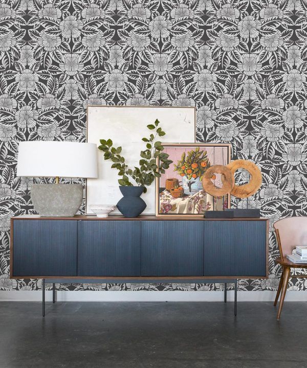 Calcutta Wallpaper • Flower and Leaf Motif Design • Ethnic Wallpaper • Charcoal Wallpaper • Insitu