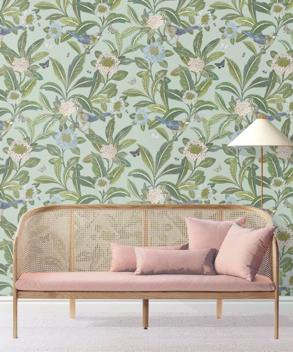 Summer Garden Wallpaper • Aqua Wallpaper • Floral Wallpaper Insitu