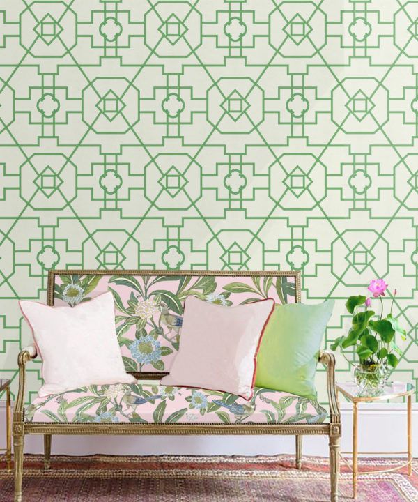 Trellis Wallpaper • Geometric Wallpaper • Ivory Wallpaper • Insitu behind sofa