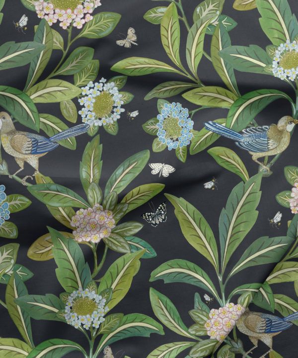 Summer Garden Fabric • Bethany Linz • Bird and Plant Fabric • Charcoal Upholstery Fabric