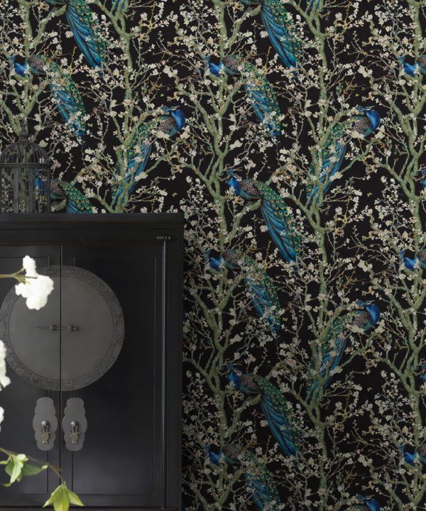 Almond Blossom Wallpaper • Chinoiserie Wallpaper • Wallpaper with Peacocks • Black Night Wallpaper • Insitu