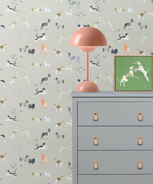 Doggies Wallpaper • Dog Wallpaper • Beige • lamp with dresser