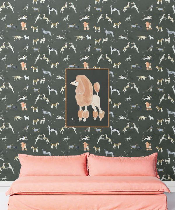 Doggies Wallpaper • Dog Wallpaper • Charcoal • Insitu with pink sofa