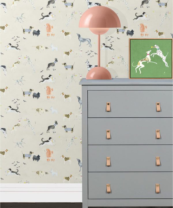 Doggies Wallpaper • Dog Wallpaper • Cream • insitu with lamp and dresser