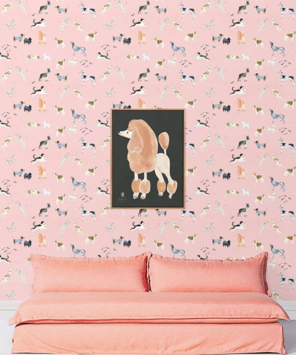 Doggies Wallpaper • Dog Wallpaper • Pink • insitu with pink sofa