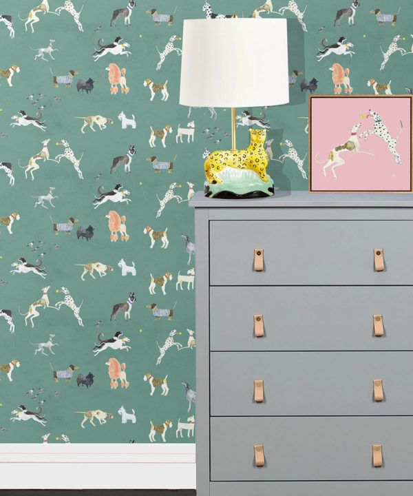 Doggies Wallpaper • Dog Wallpaper • Turquoise • insitu with grey dresser