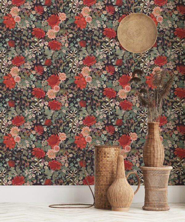 Bouquet Wallpaper • Eloise Short • Vintage Floral Wallpaper • Granny Chic Wallpaper • Grandmillennial Style Wallpaper • Licorice • Insitu