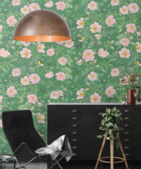 Rosa Wallpaper • Floral Wallpaper •Forest Green • Insitu