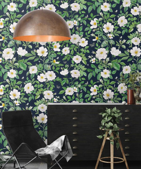 Rosa Wallpaper • Floral Wallpaper •Navy • Insitu