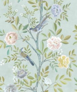 Chinoiserie Wallpaper • Floral Wallpaper • Bird Wallpaper • Magnolia • Aqua • Swatch