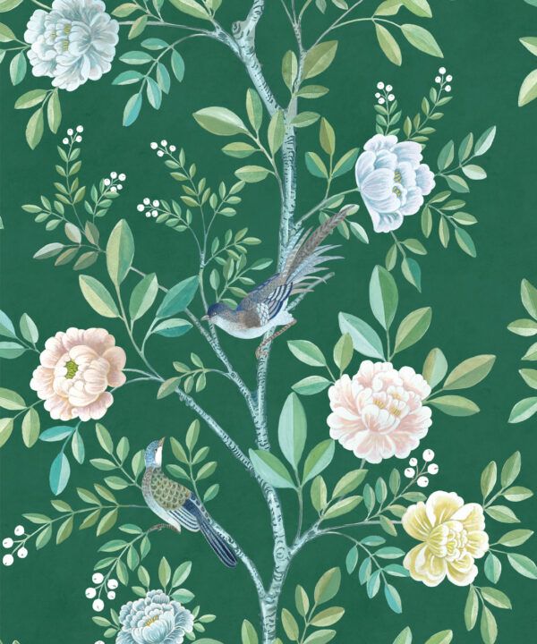 Chinoiserie Wallpaper • Floral Wallpaper • Bird Wallpaper • Magnolia • Emerald Green • Swatch