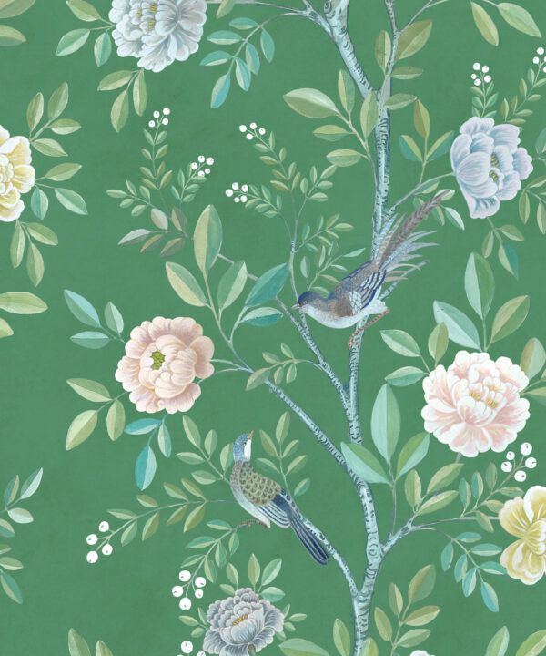 Chinoiserie Wallpaper • Floral Wallpaper • Bird Wallpaper • Magnolia • Forest Green • Swatch