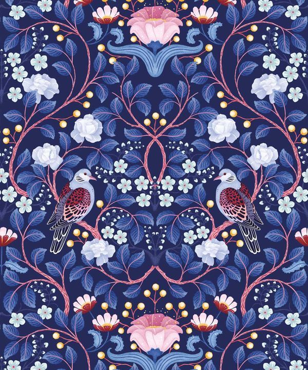 Turtle Doves Wallpaper • Bold Colorful Bird Wallpaper • Blueberry • Swatch