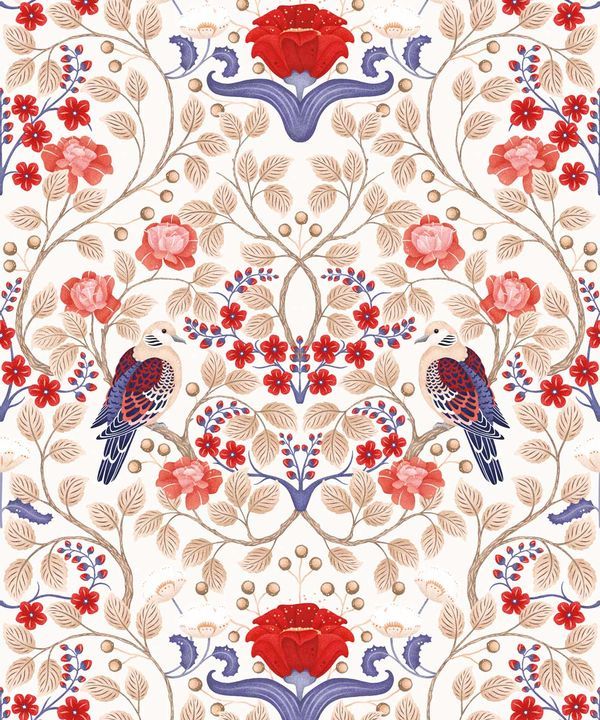 Turtle Doves Wallpaper • Bold Colorful Bird Wallpaper • Creme • Swatch