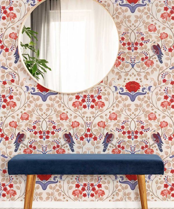 Turtle Doves Wallpaper • Bold Colorful Bird Wallpaper • Creme • Insitu