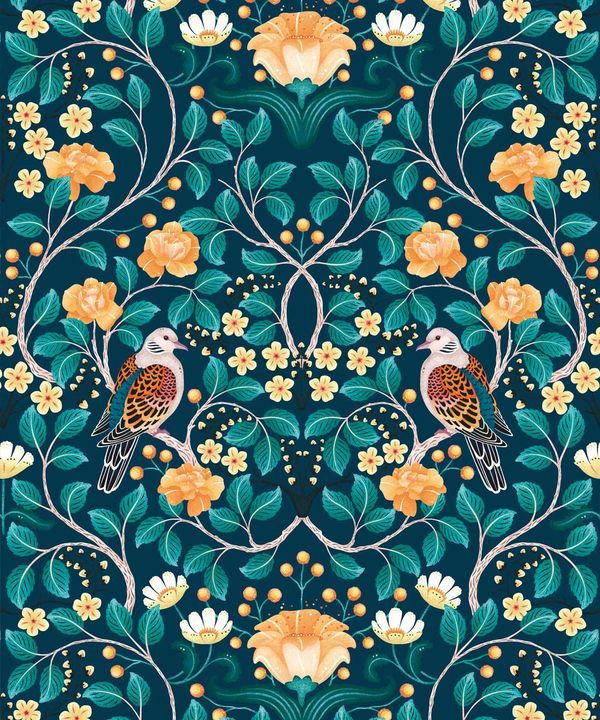 Turtle Doves Wallpaper • Bold Colorful Bird Wallpaper • Emerald • Swatch