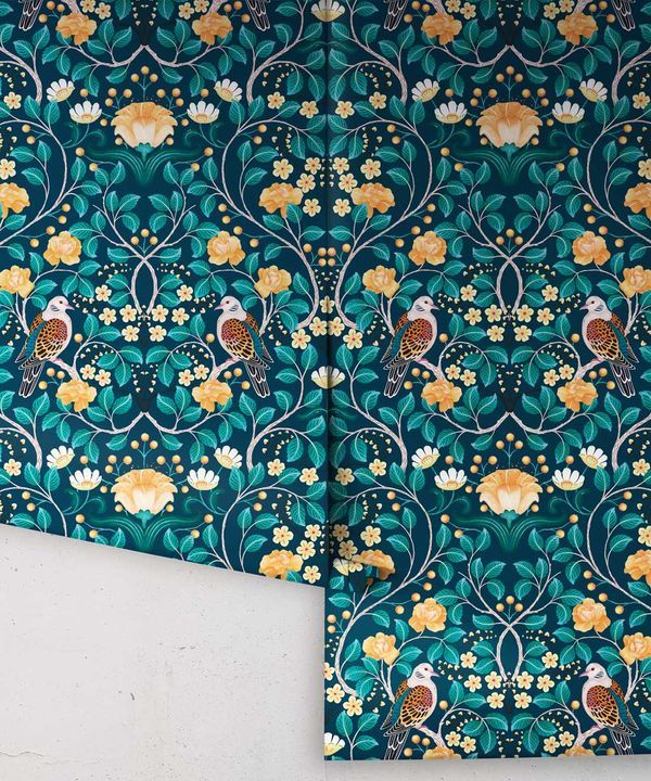 Turtle Doves Wallpaper • Bold Colorful Bird Wallpaper • Emerald • Rolls