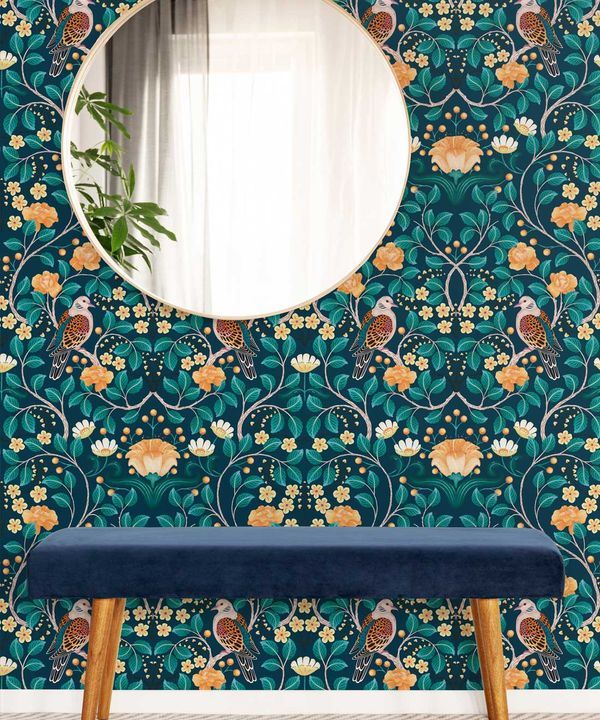 Turtle Doves Wallpaper • Bold Colorful Bird Wallpaper • Emerald • Insitu