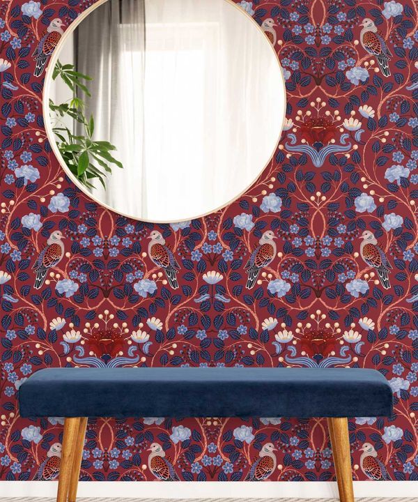 Turtle Doves Wallpaper • Bold Colorful Bird Wallpaper • Merlot • Insitu