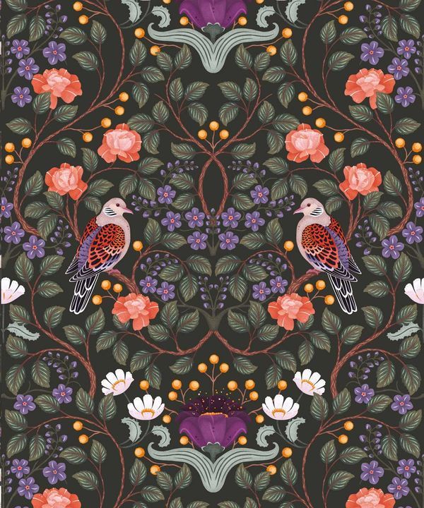 Turtle Doves Wallpaper • Bold Colorful Bird Wallpaper • Original • Swatch