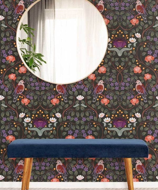 Turtle Doves Wallpaper • Bold Colorful Bird Wallpaper • Original • Insitu