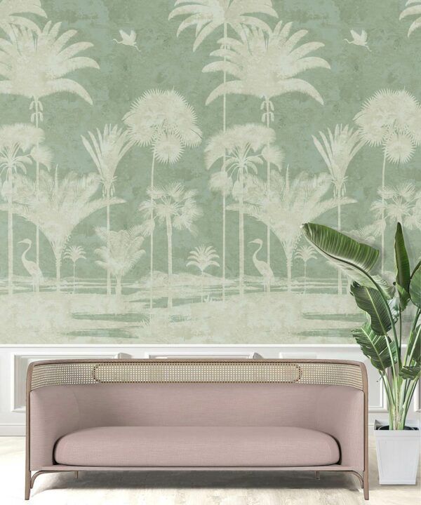 Shadow Palms Wallpaper Mural •Bethany Linz • Palm Tree Mural • Mint • Insitu