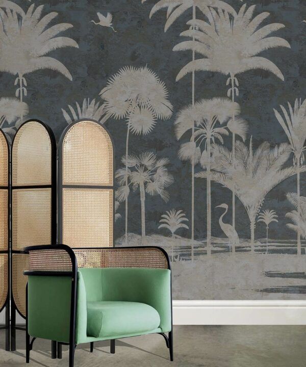 Shadow Palms Wallpaper Mural •Bethany Linz • Palm Tree Mural • Navy • Insitu