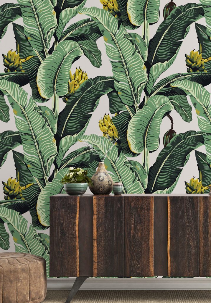 Wallpaper called Jungle Palm with giant leaves and yellow bananas good for creating a tropical vibe