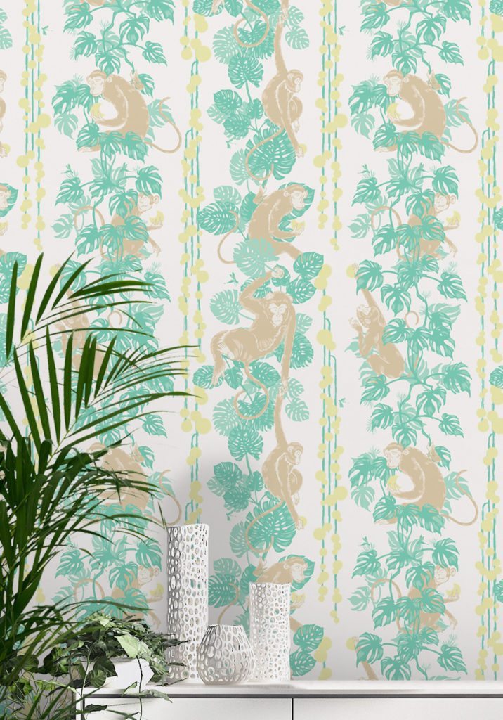 5 Monkeys by Kingdom Home Wallpaper manufactured and sold by Milton & King showing monkeys hanging from leafy vines