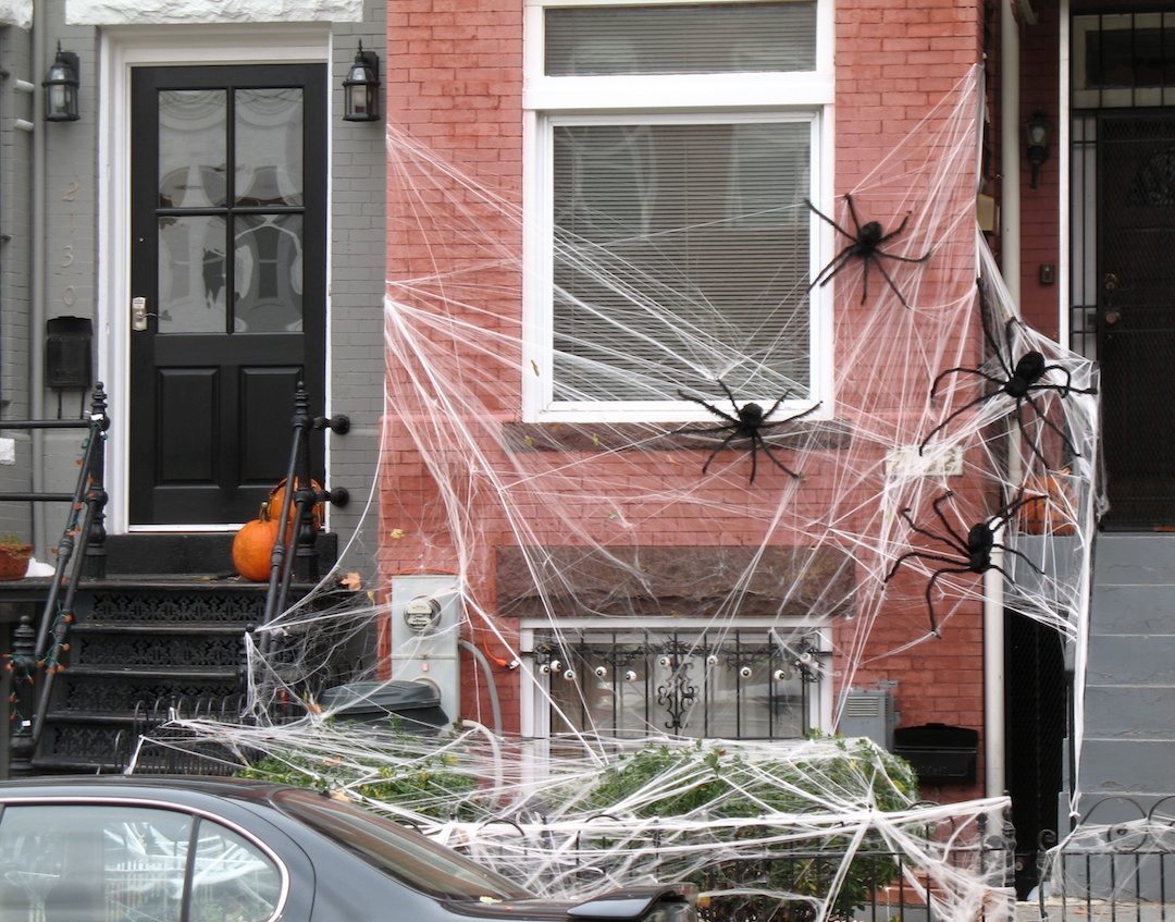 Spider Halloween Web Decoration with webs spread across outside brick wall and across bushes