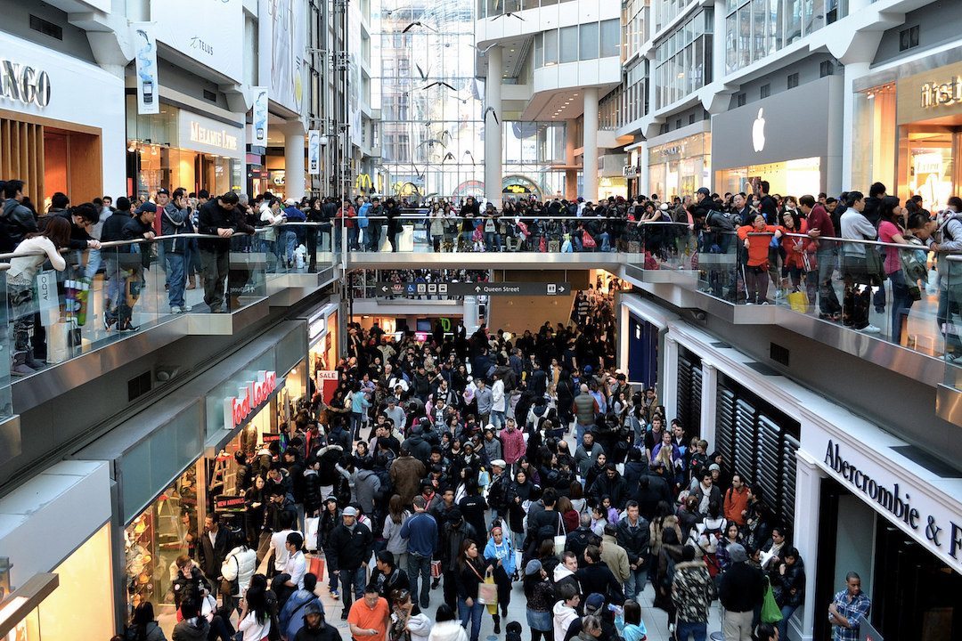 very crowded shopping mall on Black Frida