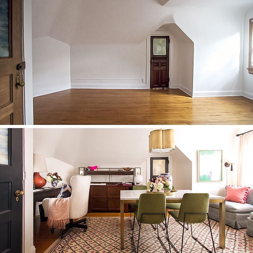 a before and after shot. On top is an empty room with bare walls. The bottom shows a fully furnished room with a white office chair on the left in front of a dark wooden desk, olive green chairs seated at a table in the middle of the room with flowers on top, a gray sofa on the right with pink pillows and a golden lamp hanging from the ceiling.