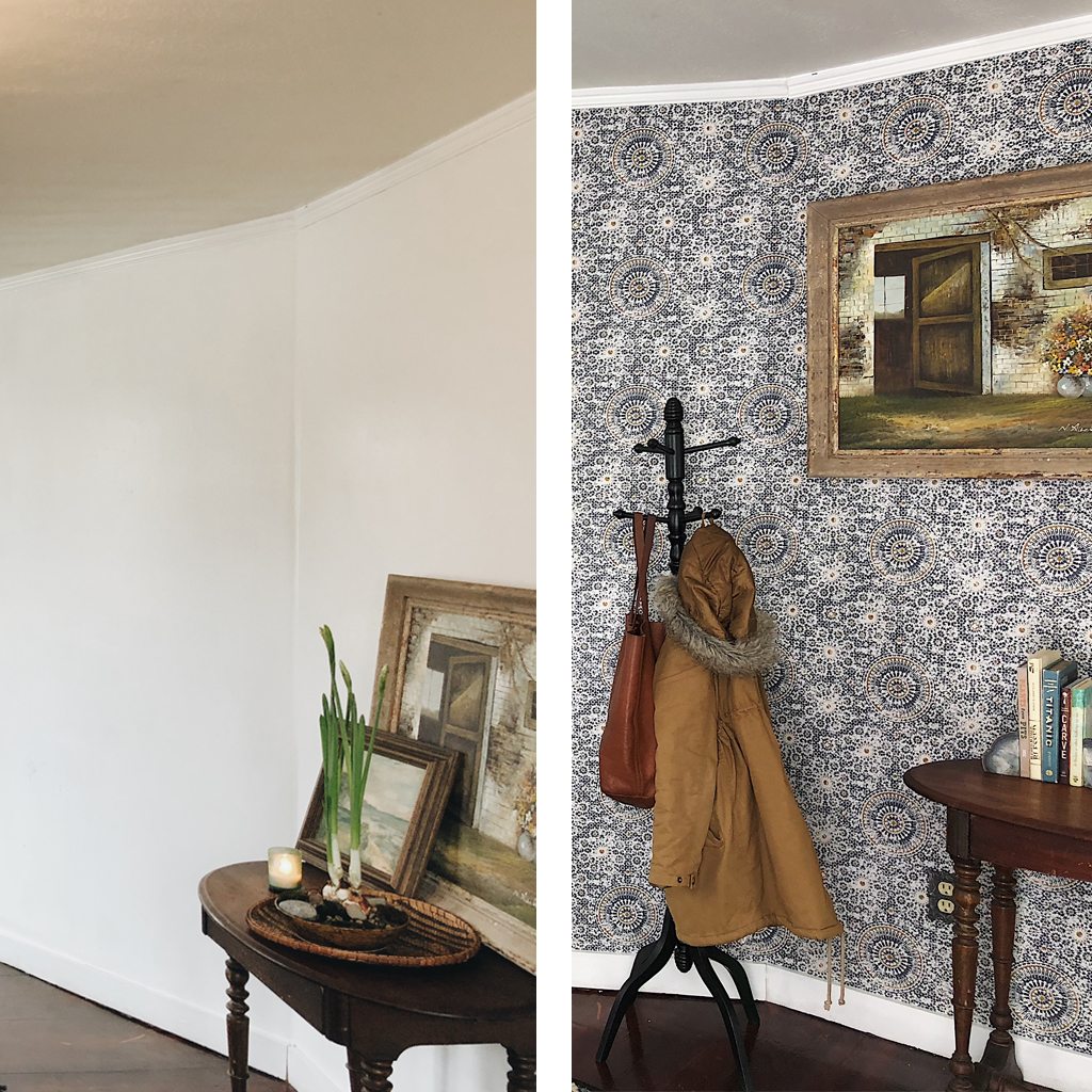 A before and after photo of a foyer showing a bare wall on the left and a wallpapered wall on the right with Abu Dhabi wallpaper in Babylon colourway by Milton & King