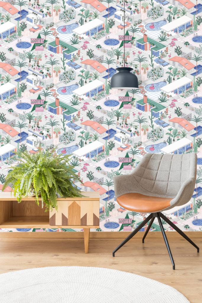 Palm Springs wallpaper by Jacqueline Colley featuring Mid-century architecture, swimming pools and pink flamingos