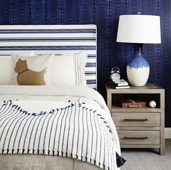 Shibori CityScape Dark blue wallpaper behind a bed