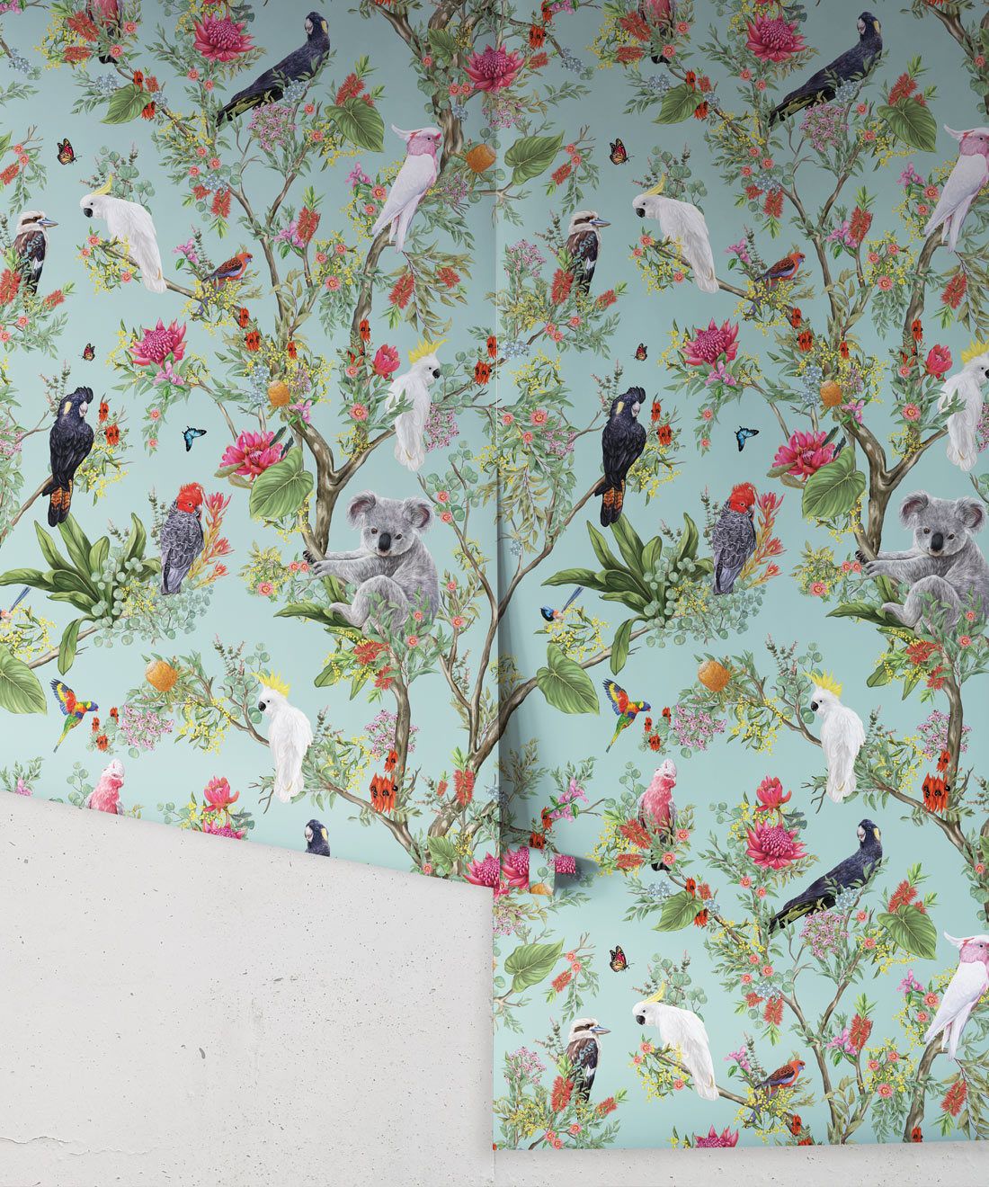 Australia Wallpaper • Cockatoos, Koalas, Parrots, Finches • Milton & King USA • Mint Green Wallpaper Roll