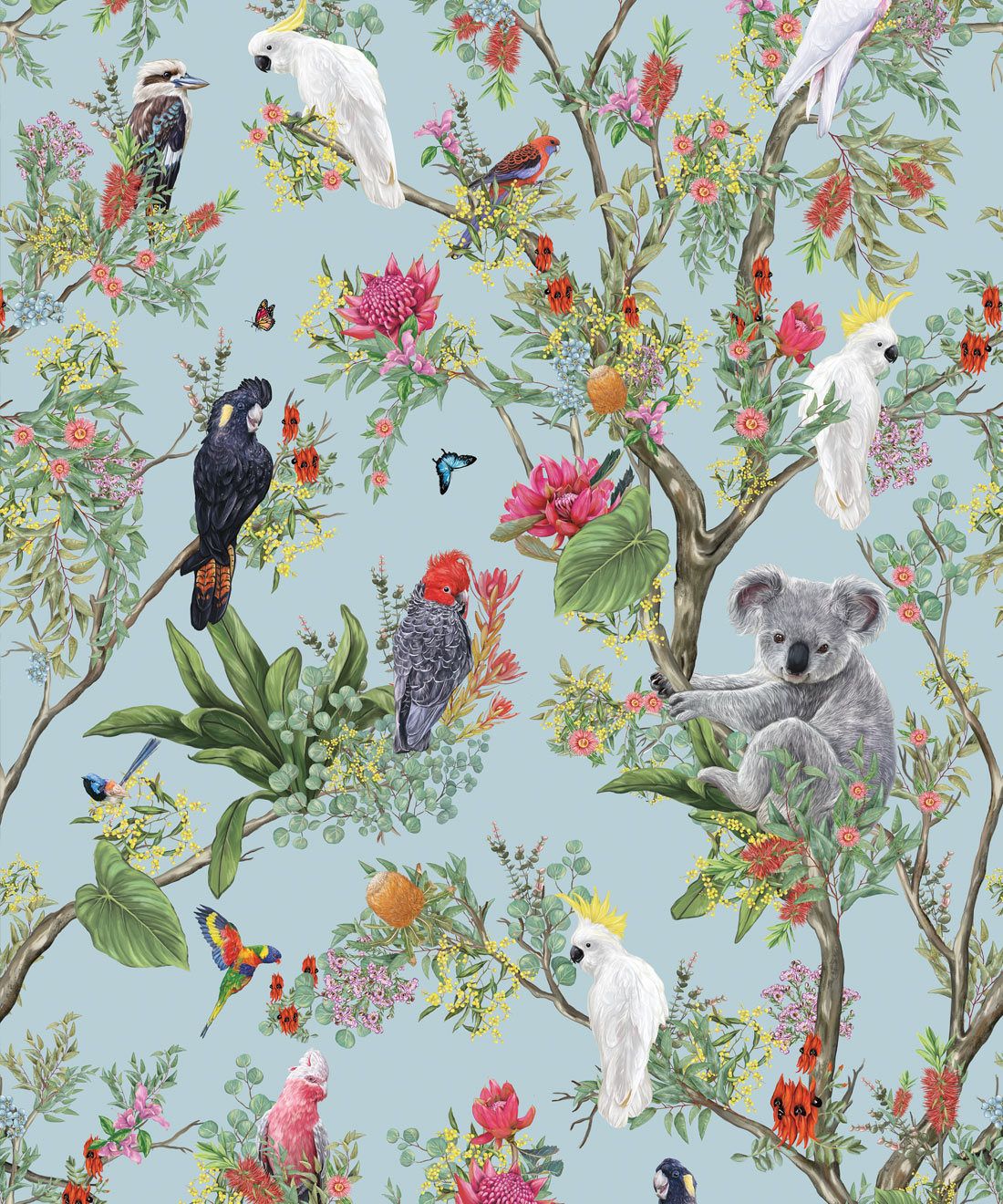 Australia Wallpaper • Cockatoos, Koalas, Parrots, Finches • Milton & King USA • Aqua Wallpaper Swatch