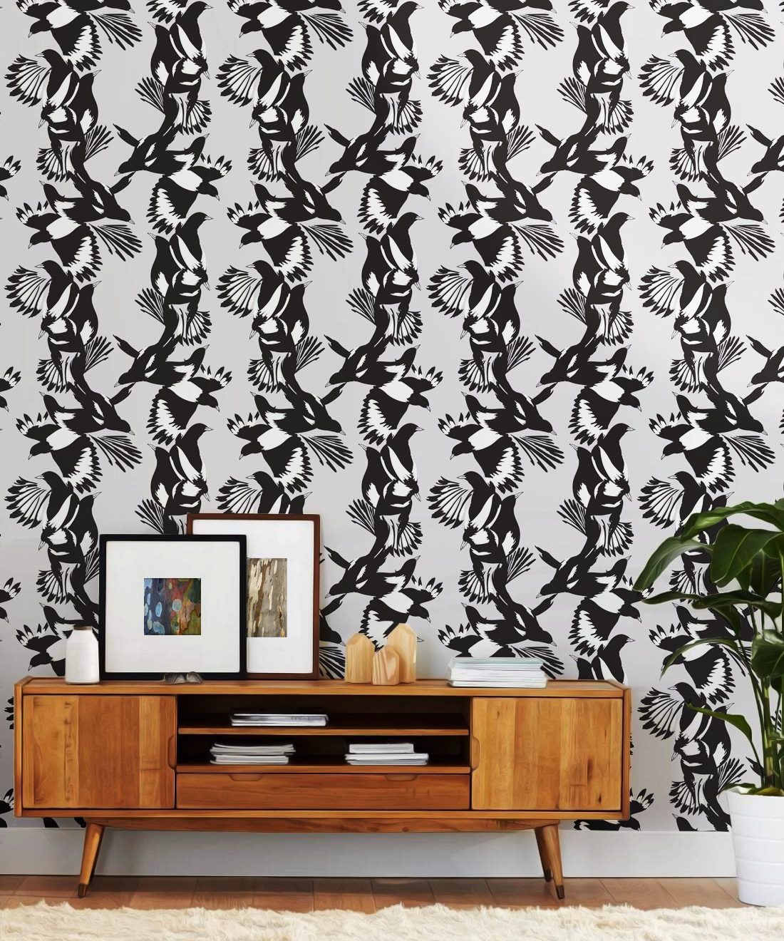 Magpie Wallpaper • Milton & King USA • Black & White Wallpaper Insitu